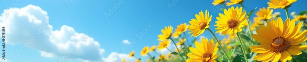 Obraz premium Tall yellow flowers with bright golden centers on a clear blue sky with fluffy white clouds, golden, bloom, sunflower
