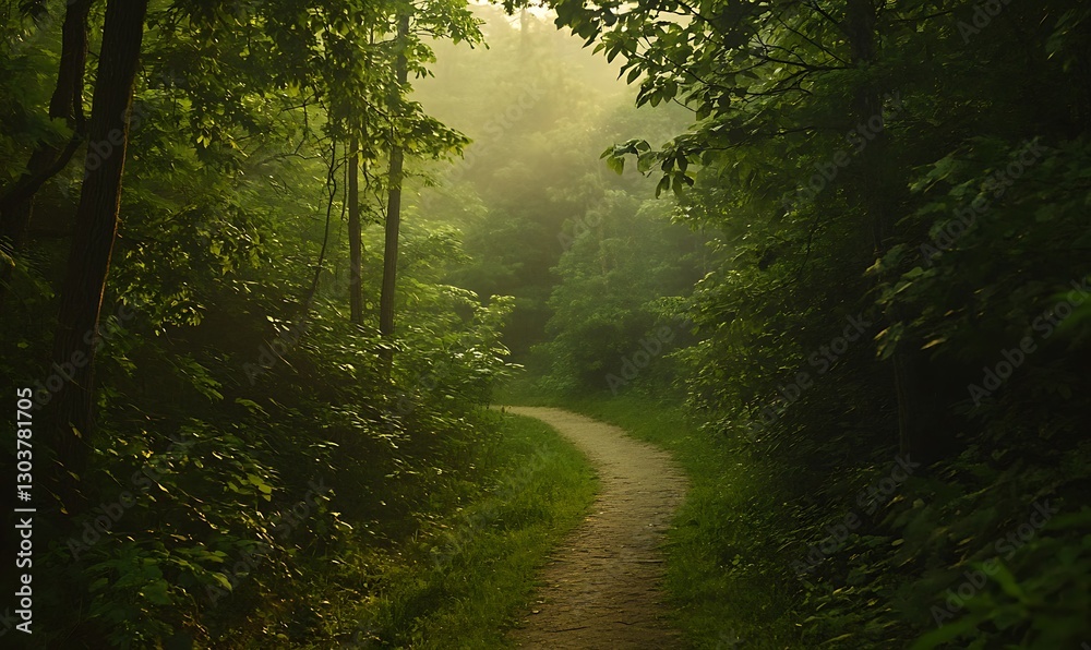 Obraz premium ahmadwahyuutomo776@gmail.com A serene forest path bathed in soft golden light, perfect for tranquil imagery or nature-themed projects.
