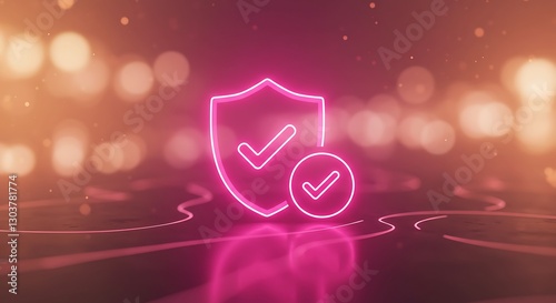Illustration of a glowing shield with checkmark - Protection guarantee - Cybersecurity awareness campaign