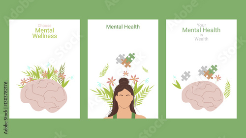 Mental health awareness month layout set poster. Psychological and emotional well-being. Vector illustration.