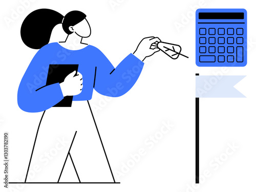 Woman holding document and interacting with calculator near flag marker, conveying calculation, planning, budgeting. Ideal for finance, education, strategy, minimalism, organization money