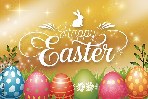 Festive Easter Greeting with Colorful Eggs and Grass