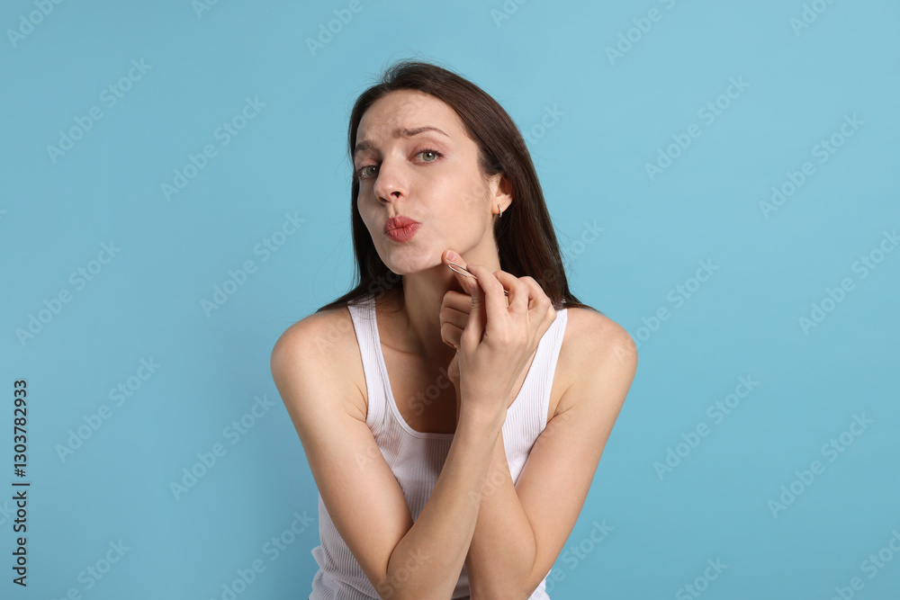 Woman plucking her facial hair with tweezers on light blue background Woman plucking her facial hair with tweezers on light blue background