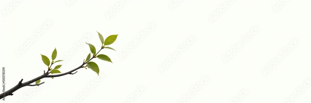 A solitary branch with leaves and twigs stretching towards the top of a large white background, foliage, branches A solitary branch with leaves and twigs stretching towards the top of a large white background, foliage, branches