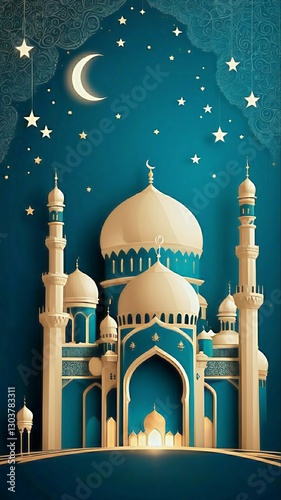 An elegant and harmonious generative AI image of an Islamic design with an Eid theme, displaying nuances of togetherness, blessings, and joy wrapped in a distinctive Islamic aesthetic.