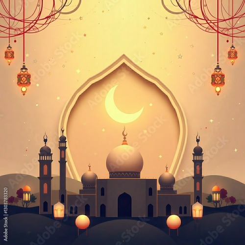 An elegant and harmonious generative AI image of an Islamic design with an Eid theme, displaying nuances of togetherness, blessings, and joy wrapped in a distinctive Islamic aesthetic.
