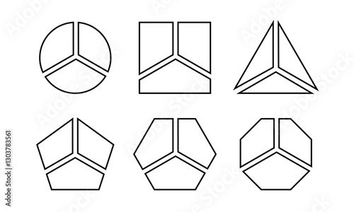 Geometric shapes divided into 3 sectors. Round, square and triangle, pentagon, hexagon and octagon forms separated into three equal parts. Diagrams or business charts. Vector outline illustration.