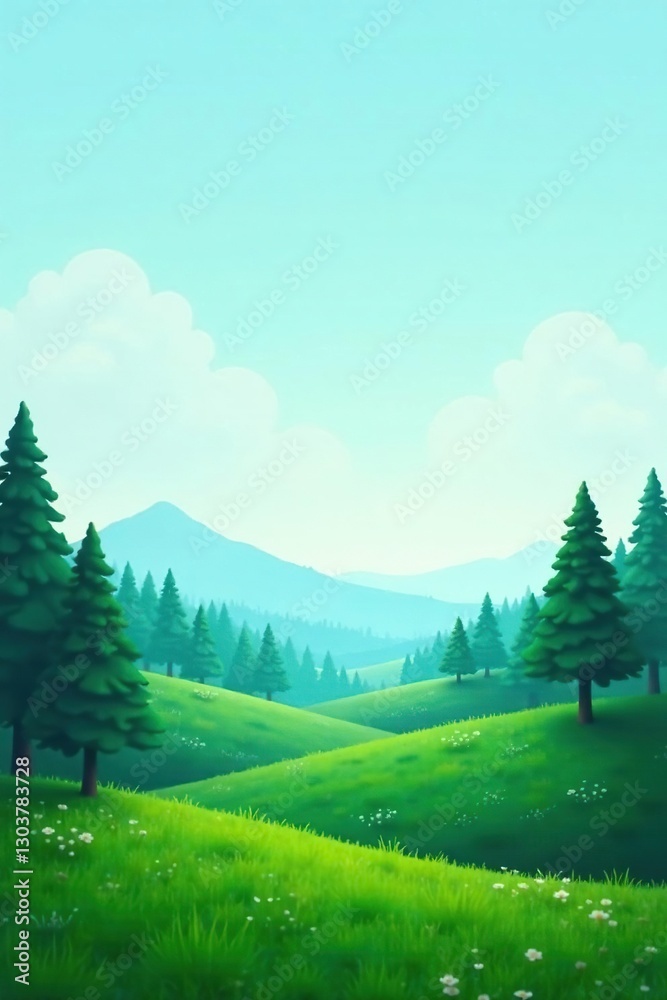Fototapeta premium Gradient of soft blue and green blending into the trees, landscape, natural