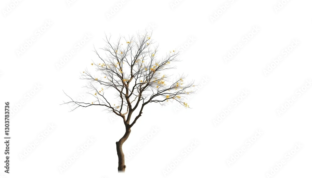 Fototapeta premium Lone deciduous tree, stark branches against pure white, environmental, summer