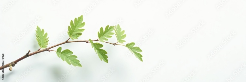Naklejka premium A delicate branch with small leaves rests against a stark white background, simple, minimalist, green