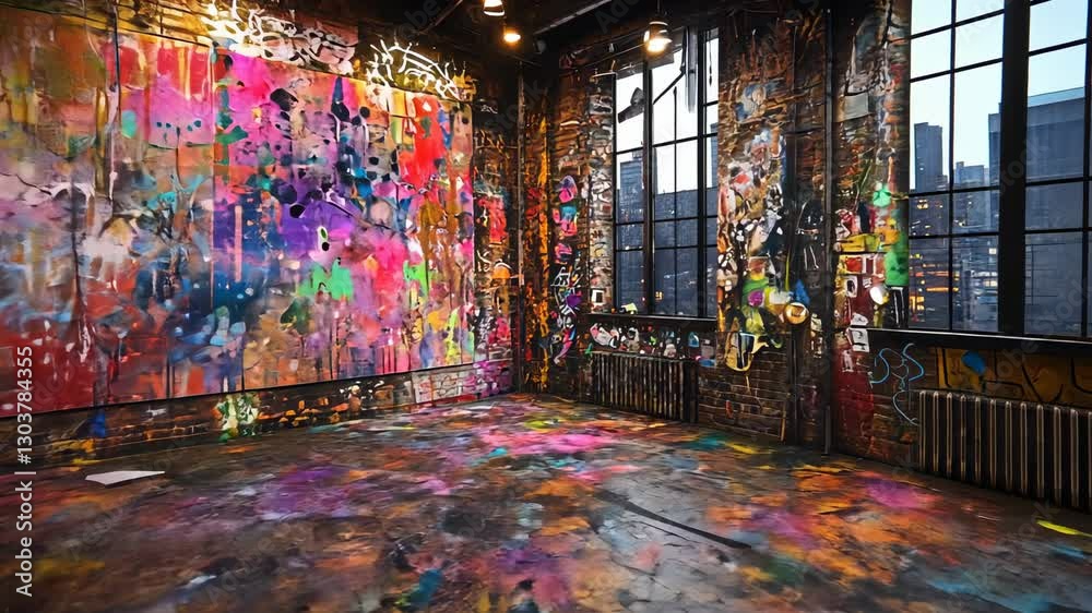 NYC loft, graffiti art, colorful, urban, city view