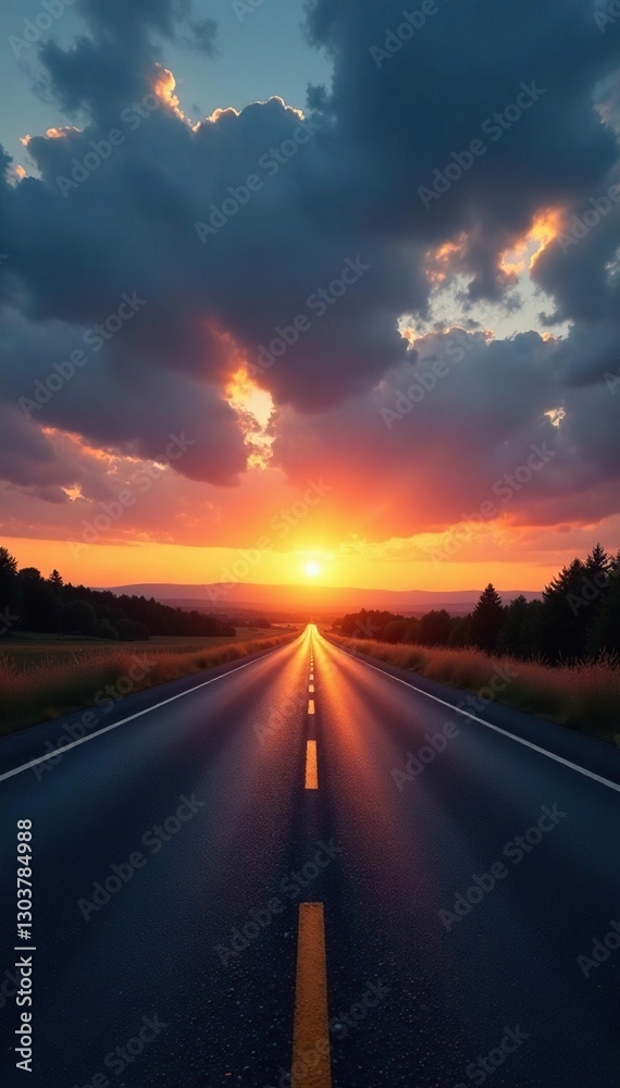 Fototapeta premium Gray asphalt road with scattered dark clouds at sunrise, grayasphalt, lonely