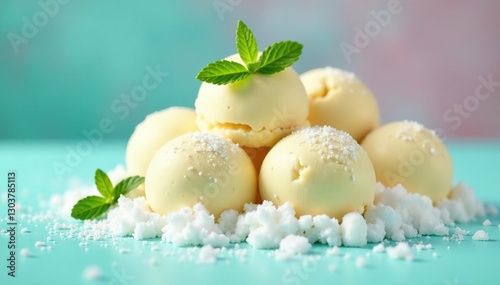 Vanilla ice cream balls coated in crushed ice and sprinkled with mint on turquoise surface, powder, frozen treat, colorant
