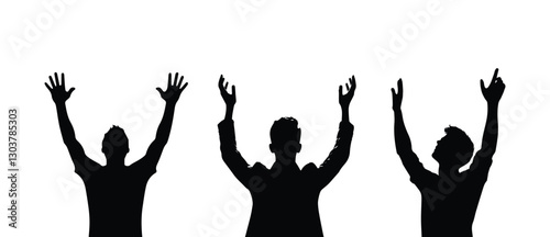 set silhouette guy raised hands up, man isolated on transparent background