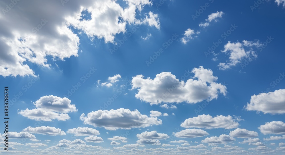Fluffy white clouds drift across a vibrant blue sky, a serene summer scene.