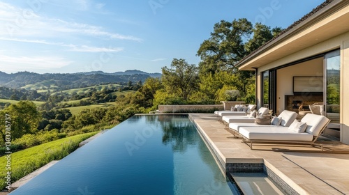 A view of the hills from an infinity pool with la white lounge chairs, overlooking distant mountains