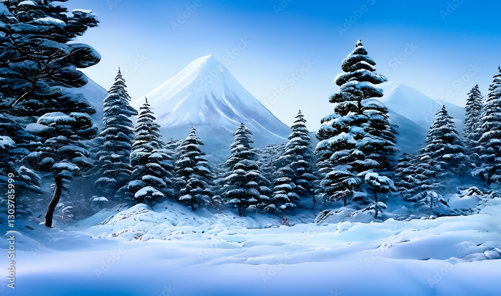 Snow covered pines trees at the foot ot a mountain