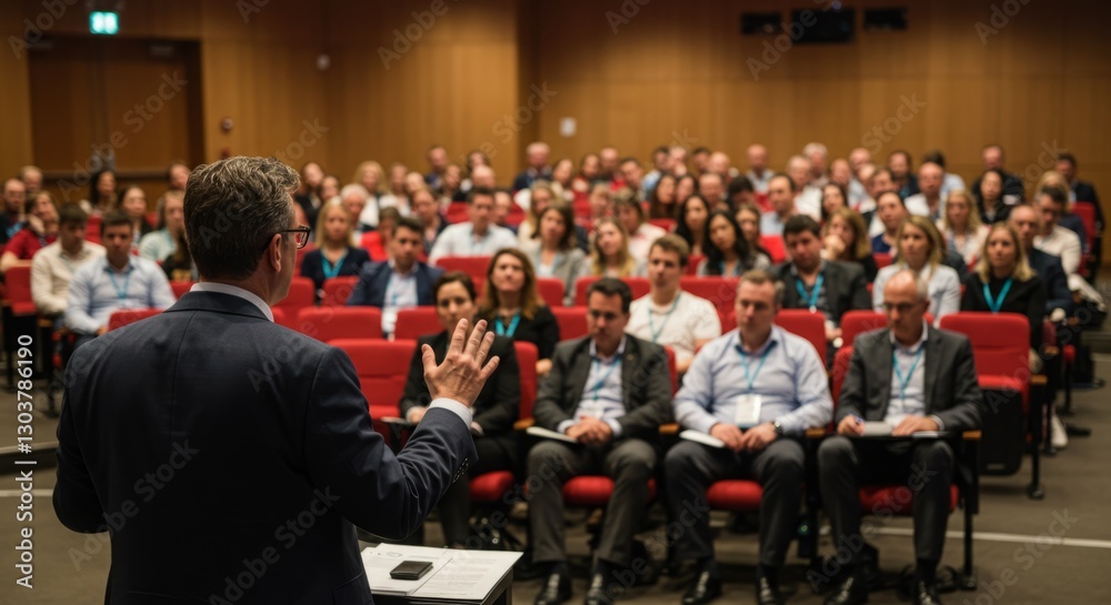 Speaker addressing a diverse audience at a conference. Engaging presentation in a modern setting. Speaker addressing a diverse audience at a conference. Engaging presentation in a modern setting.