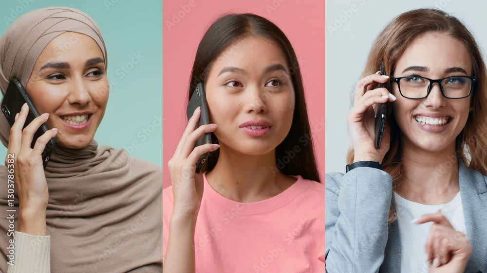 Three women are smiling while talking on their mobile phones, each styled differently. They showcase diversity in attire, highlighting a friendly and energetic atmosphere. Three women are smiling while talking on their mobile phones, each styled differently. They showcase diversity in attire, highlighting a friendly and energetic atmosphere.