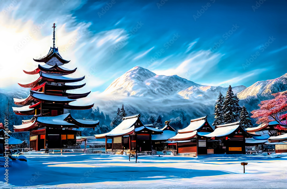 Snow covered Japanese village in the mountains