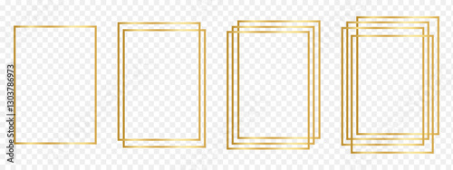Set of golden rectangle frames. Shiny rectangular borders, glossy decorative frameworks, design elements for banners, greeting or wedding cards isolated on transparent background. Vector illustration.