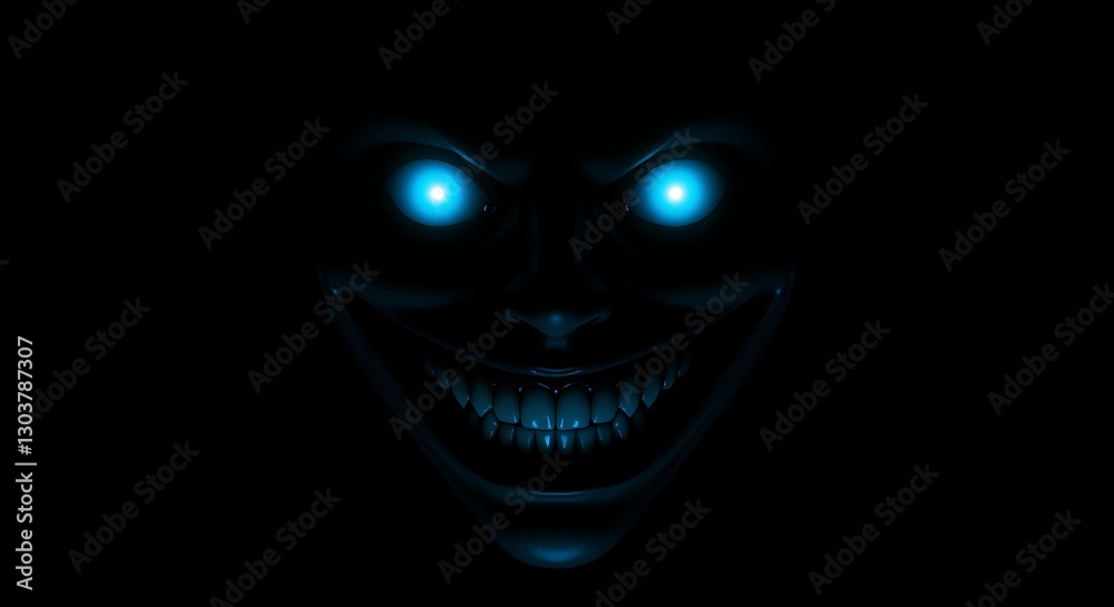 Creepy Smiling Face in Dark with Glowing Blue Eyes Design Creepy Smiling Face in Dark with Glowing Blue Eyes Design