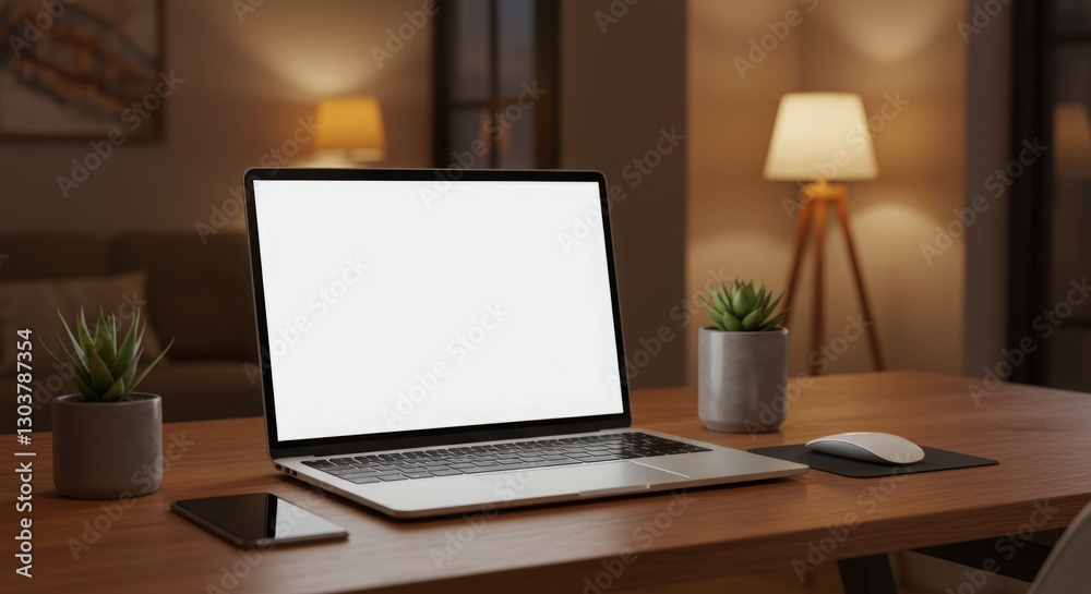 Laptop with blank screen on wooden desk at night. Cozy home office. Laptop with blank screen on wooden desk at night. Cozy home office.