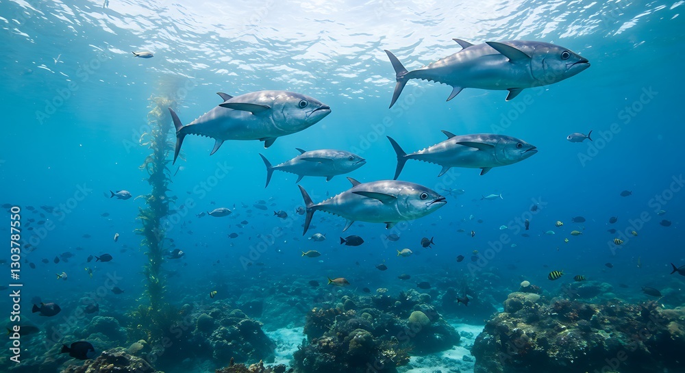 Obraz premium Swimming Tuna School Underwater in Clear Blue Ocean with Coral Reef