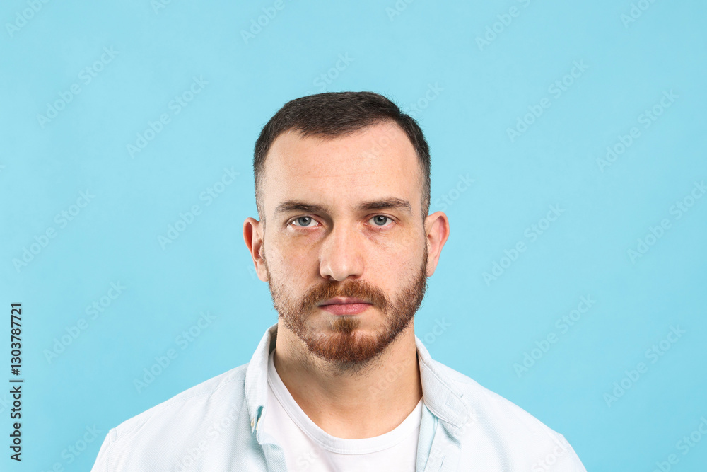 Baldness problem. Man with receding hairline on light blue background Baldness problem. Man with receding hairline on light blue background