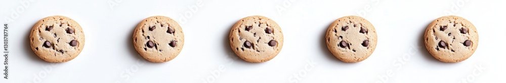 5 chocolate chip cookies arranged in a line, isolated on a white background, viewed from above 5 chocolate chip cookies arranged in a line, isolated on a white background, viewed from above