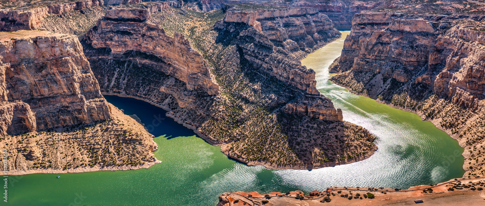 Panoramic view of Devil Canyon in the Big Horn National Recreational Area, MT. This 1000 foot deep canyon is a rugged sinuous gorge with numerous short tributary canyons, that offers spectacular views