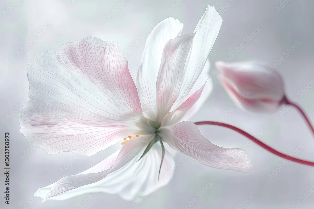 Fototapeta premium blossoming Cosmos flower, its white and pink gradient petals in sharp focus against a blurred background