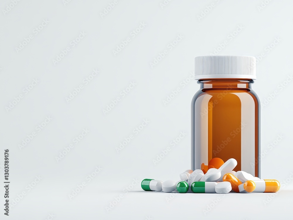 Prescription medication bottle with colorful pills scattered on a clean surface
