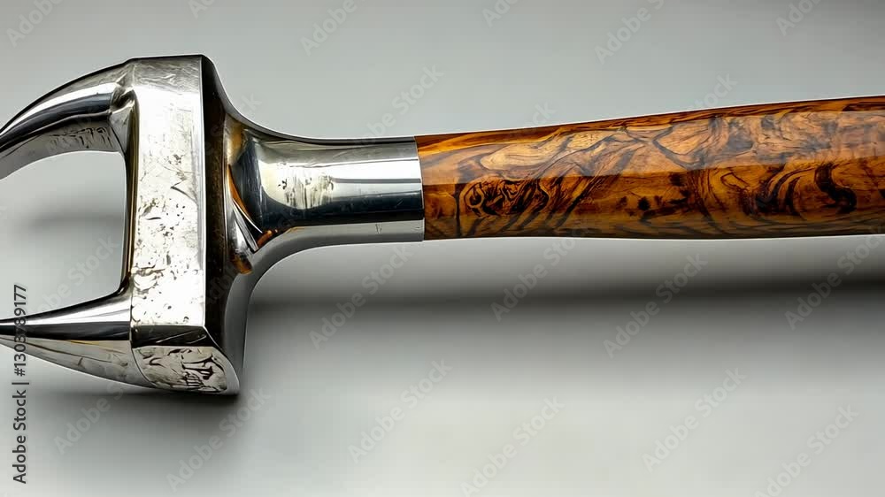 Ornate metal tool with wood handle on white background