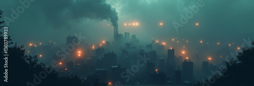 City Smog Digital Pollution, dramatic illustration of a city blanketed by thick smog and illuminated by sporadic streetlights.