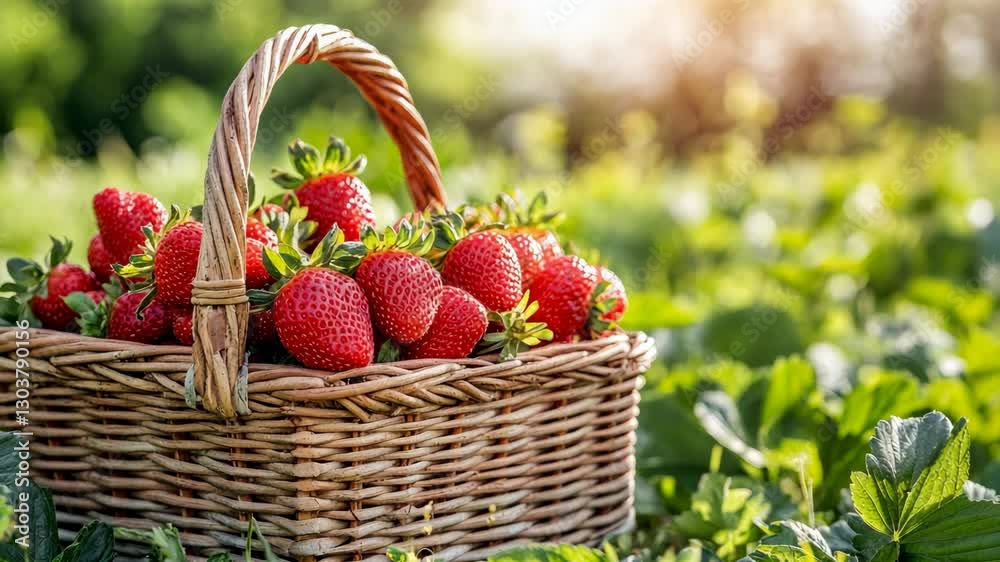Freshly harvested strawberries in a wicker basket on a sunny day in a vibrant field Freshly harvested strawberries in a wicker basket on a sunny day in a vibrant field