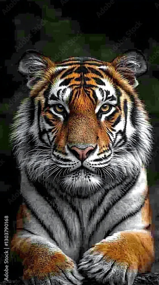 Fototapeta premium Tiger portrait looking straight with dark forest background