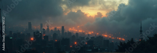 City Smog Digital Pollution, dramatic illustration of a city blanketed by thick smog and illuminated by sporadic streetlights.