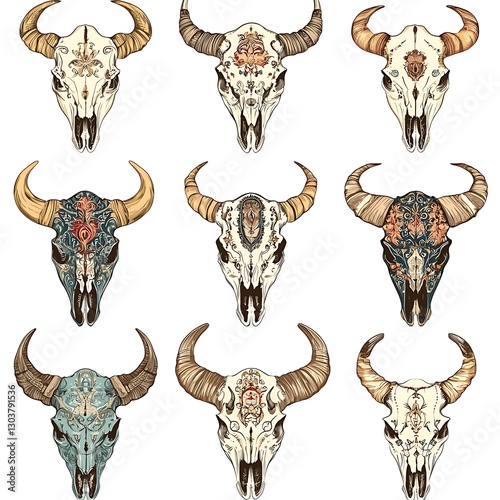 Bull skulls, with intricate designs and natural textures, perfect for rustic or western-themed decor The skulls are isolated on white background