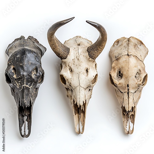 Bull skulls, with intricate designs and natural textures, perfect for rustic or western-themed decor The skulls are isolated on white background photo