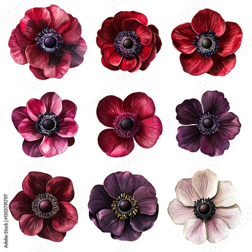 Burgundy anemone flower collection, vibrant and rich, isolated on white background