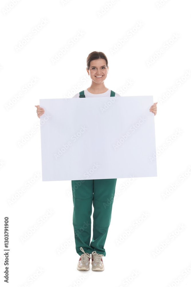 Smiling cleaning service worker with sheet of paper on white background. Space for text Smiling cleaning service worker with sheet of paper on white background. Space for text