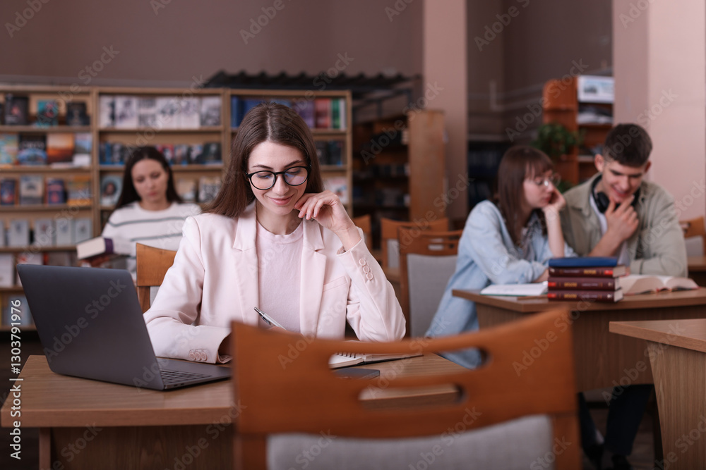 Beautiful woman with laptop taking notes at desk in public library Beautiful woman with laptop taking notes at desk in public library