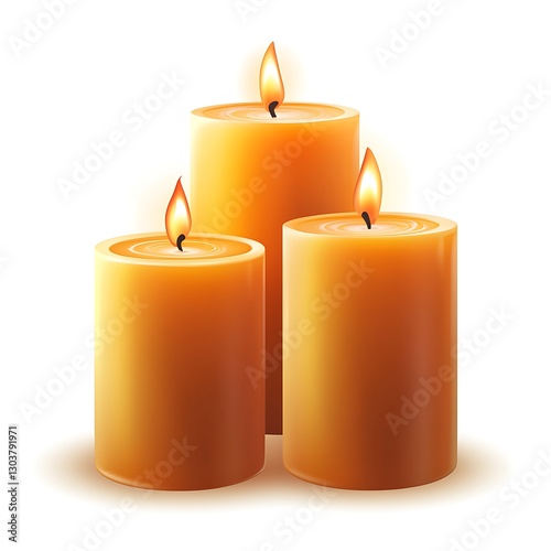 Burning orange candles with flickering flames, casting a warm glow The candles are isolated on white background