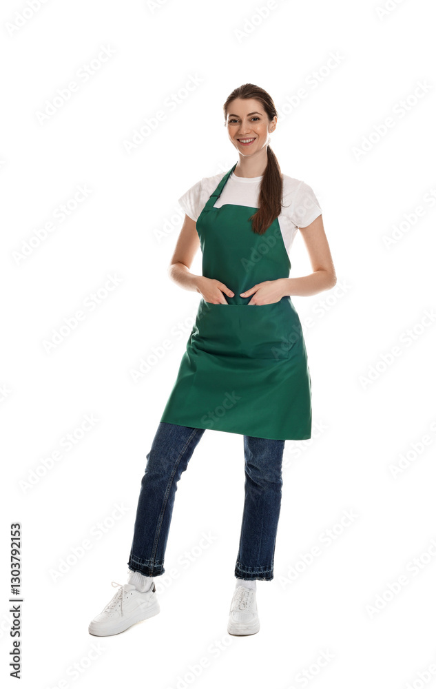 Smiling cleaning service worker on white background Smiling cleaning service worker on white background