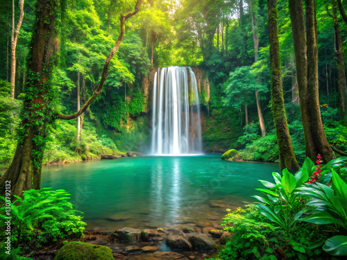 waterfall in the forest. waterfall, water, nature, forest, river, stream, landscape, cascade, green, rock, tree, falls, fall, spring, stone, park, tropical, creek, rainforest, travel, flowing, waterfa