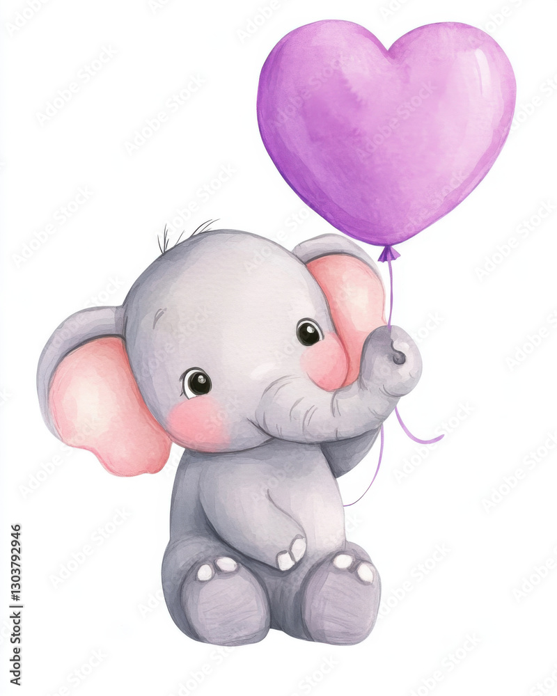 Fototapeta premium Charming baby elephant holding purple balloon, watercolor style, cute and playful. Perfect for nursery decor or children art