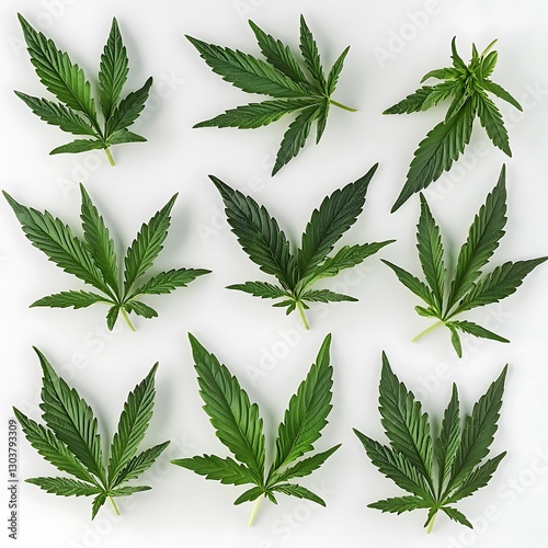 Cannabis leaves with vibrant green color, showcasing their intricate shape and smooth texture The leaves are isolated on white background
