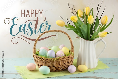 Happy Easter Decor with Colorful Eggs and Tulips