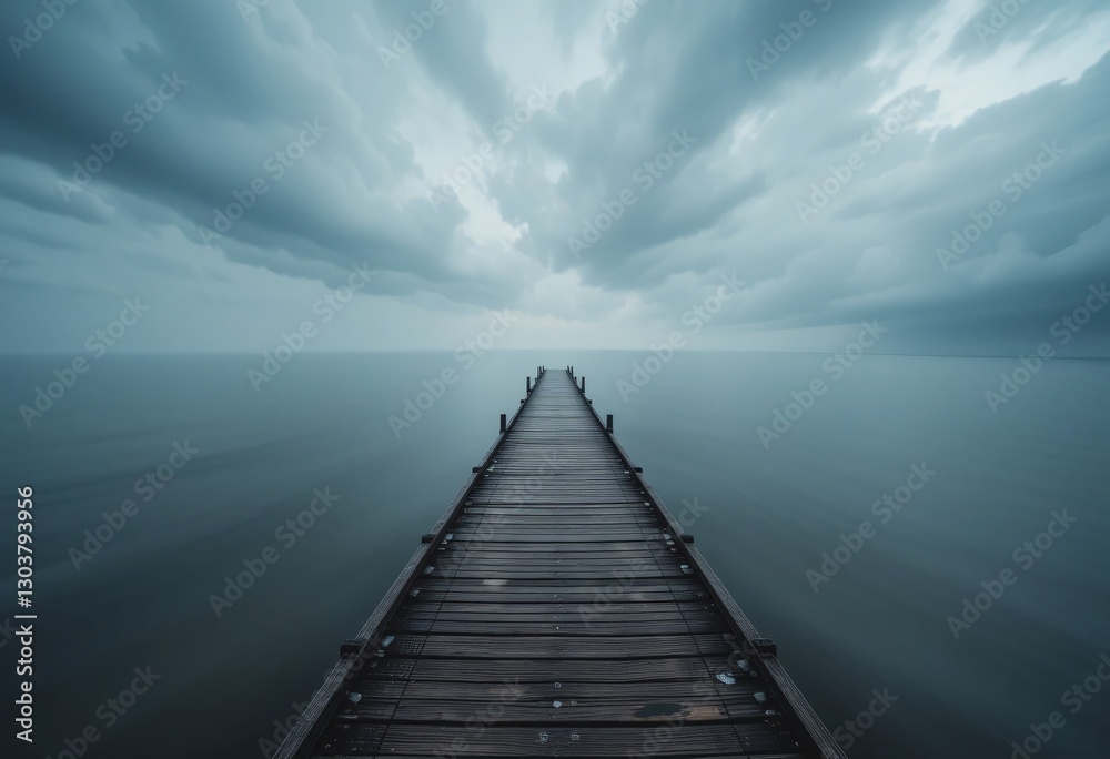 Fototapeta premium Serene Lake View. Wooden Pier Stretching Into Mist. Moody Clouds Gather Above. The Horizon Beckons With Diffused Light And Tranquil Water. Nature's Beauty Captured.